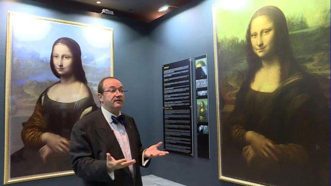"The image on the left is a digital reconstruction of what Mr Cotte claims to have found underneath the Mona Lisa," says BBC. Photo courtesy Brinkworth Films.