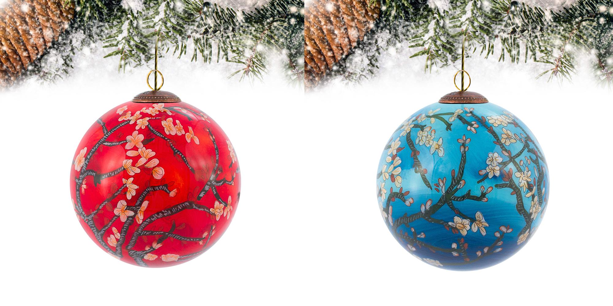 hand-painted ornaments featuring Van Gogh Branches of an Almond Tree in both blue and red.