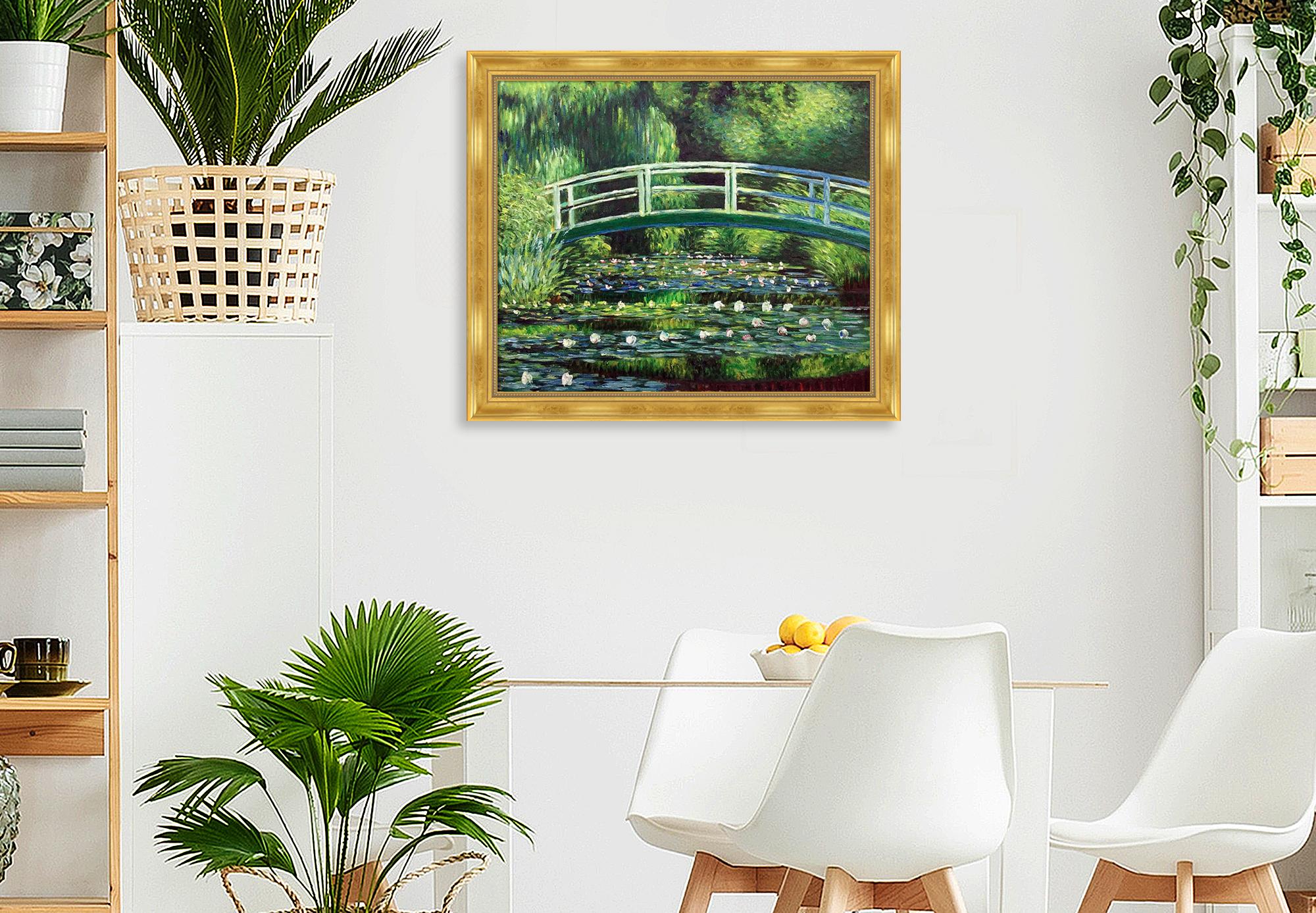 Claude Monet Japanese Bridge features soft greens that gracefully fade into water